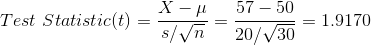 X - Test Statistic(t) = – 57 - 50 s/ n 20/20 = 1.9170
