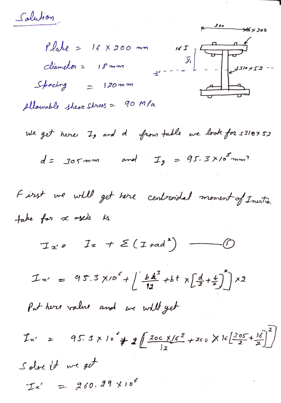 Solution 16x 200 Plate - 16 X 200 mm ICI J cliameter 18 mm $310752 뉜 Spacing - 120mm allowable shear stress = 90 mpa We get h