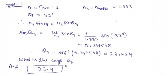 case! nia Nair=1 Dz - nwater = 1.333 1 013 32° . ni sina enz sino 3 sin Oz On hy sinca sin (320) 10333 =0.397538 09 sin! (0.