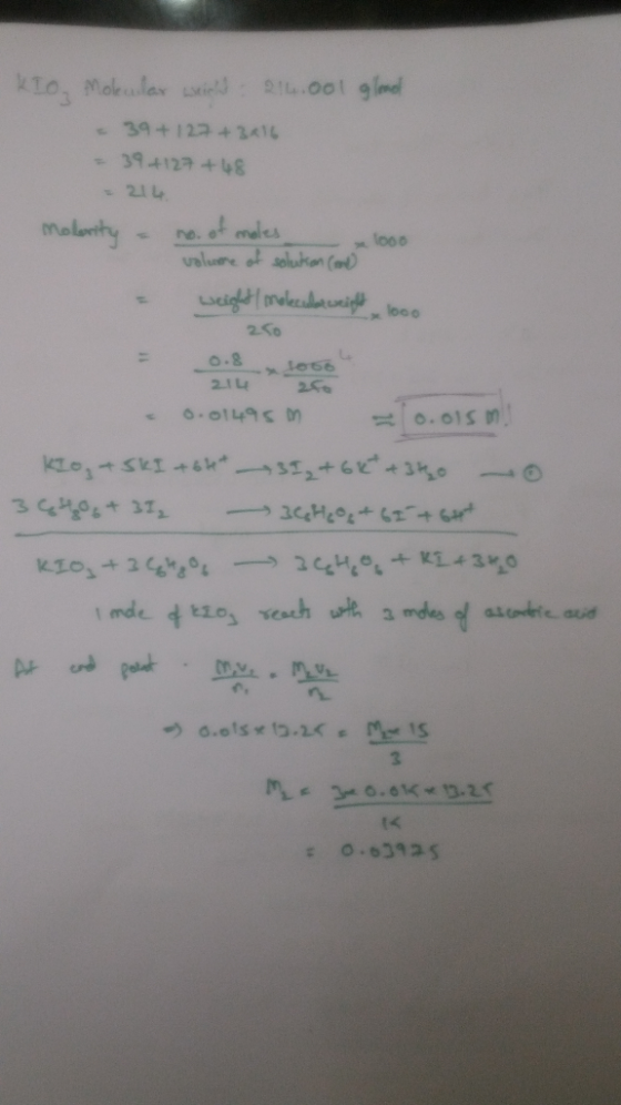 KIO, Mokcular weight: 214.001 gload - 39+ 127 +3416 = 39+127 +48 - 214 olanity - no. of moles 1000 volume of solution (and -