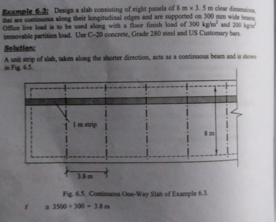 Example 6.3: Design a slab consisting of eight panels of 8 m x 3. 5 m clear dimensions that are continuous along their longit