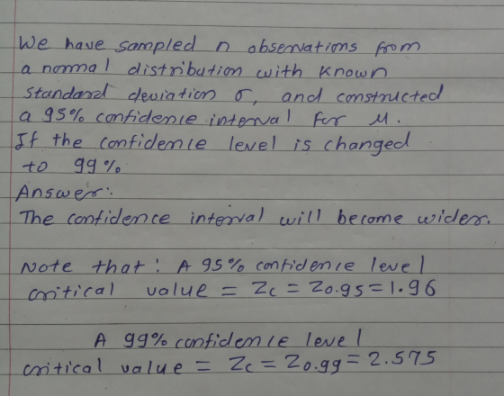 We have sampled n observations from a nomal distribution with known Standard deviation o, and constructed a 95% confidence in
