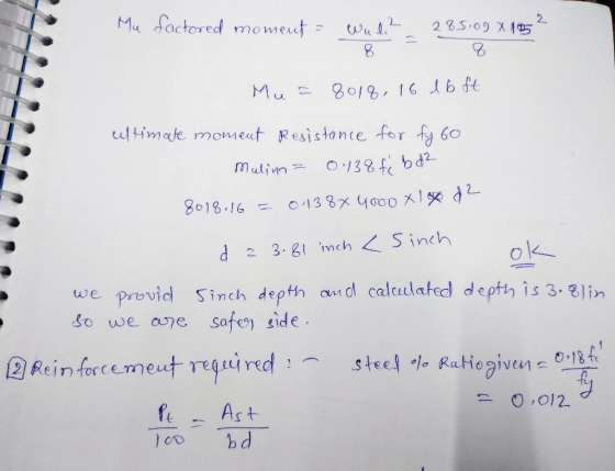 Mu factored moment = Wale? 285.0g x 16 Mus 8018, 16 lb ft cultimate moment Resistance for fy 60 mulina = 0.138 fc bd2 8018.16