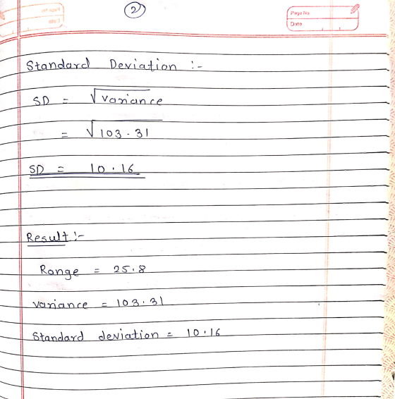 2 Date Standard Deviation :- SD ſvariance Ti03 103-31 SD 10:16 Result i Range 25.8 variance 103.31 10.16 Standard deviation