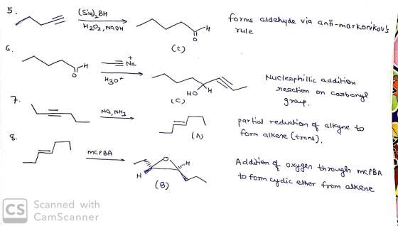 07 (Sia), BH H2O2, Noon forms aldehyde via anti-markonikous rule Hot Hucleophillic addition reaction on carbonyl 1. group. H