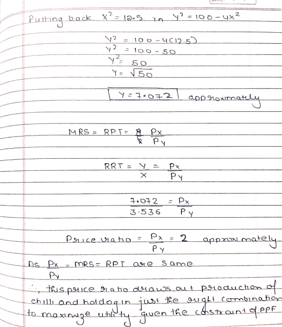 Putting back. X= 12.5 18 y? = 100 - 4x? V2 = 100-4612-52 y2 = 100 - 50 Y = 50 Y = √50 1,2 1 Y=7072 | approximately MRS = RPT=