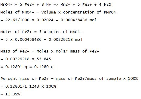 Mno45 Fe2+8 H+ Mn2+5 Fe34 H20 Moles of Mn04-= volume x concentration of KMnO4 -22.65/1000 x 0.020240.000458436 mol Moles of F