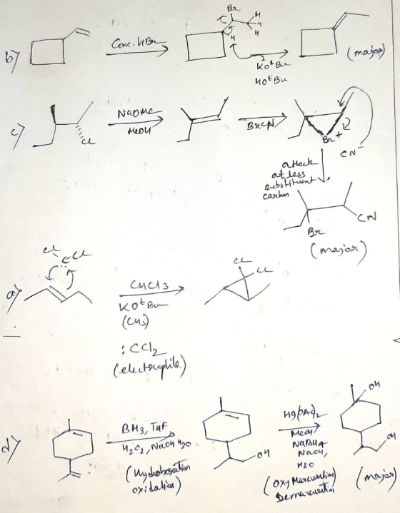 Conc. HiBe KO not Bu Naome Meol 3 Ax attack at less substituent carbon 1 Bel (major) Cucts kot Bu (cus) Cch (electrophile) но