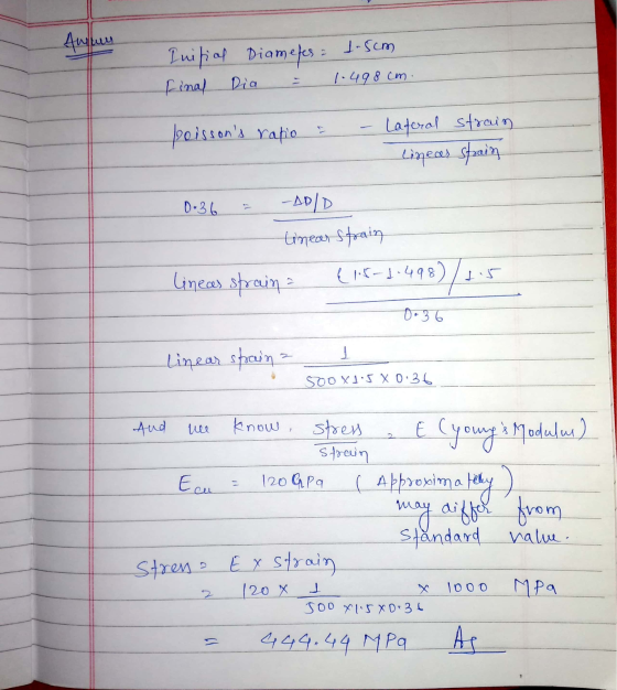 Aumen Initial Diamefes : Final Dia = 1.5cm 1.498 cm. poissons rapio i - Lateral strain linear strain 0.36 = -AD/D linear str