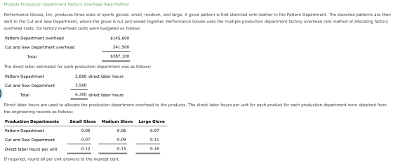 Multiple Production Department Factory Overhead Rate Method Performance Gloves, Inc. produces three sizes of sports gloves: s