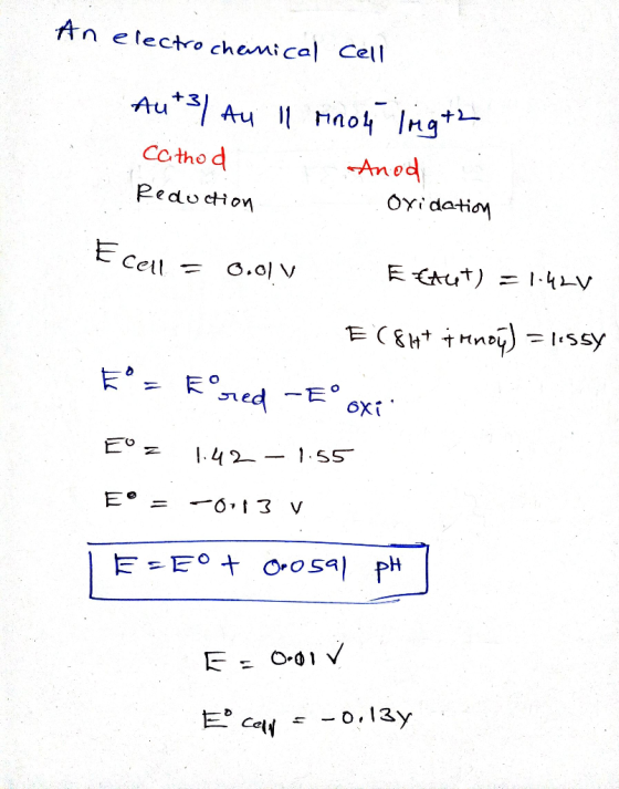 An electrochemical Cell Au+3) Au Il rinot Irigt2 Cathod . Anod Reduction Oxidation Ecell = 0.01 V Etreet) = 1.42V E (84+ inno