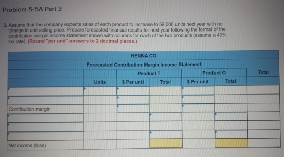 Problem 5-5A Part 3 3. Assume that the company expects sales of each product to increase to 59,000 units next year with no ch