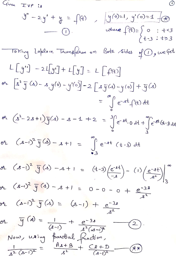 Given IvP is y – 2y + y = f(4) gro)-1, y(o)=1 where fA)=. o : t<3 t-3, tz3 Both sides on we get or or Toking Laplace Tecon