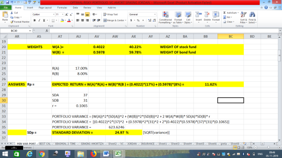 OPTIMAL RISKY POR VC AMORT SINKING JORDAN - Microsoft Excel (Product Activation Failed) File Home Insert Page Layout Formulas