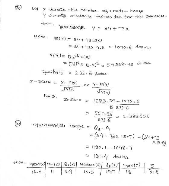 Let x denales the numbes of credit hocesy. Y denate students tuition fee for the semester. then, YhX BYXXX Y = 34 + 73X Now E