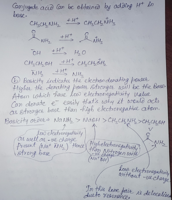 Conjugate acid an be obtained by adding Ht in base CH&CHNH CHaCH, NH NHE NH2 +HT OH CHsCH OH tH CHCHOH NHZ Pasicity indicates