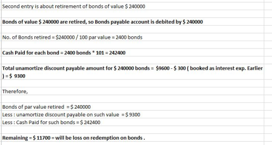 Second entry is about retirement of bonds of value $ 240000 Bonds of value $ 240000 are retired, so Bonds payable account is