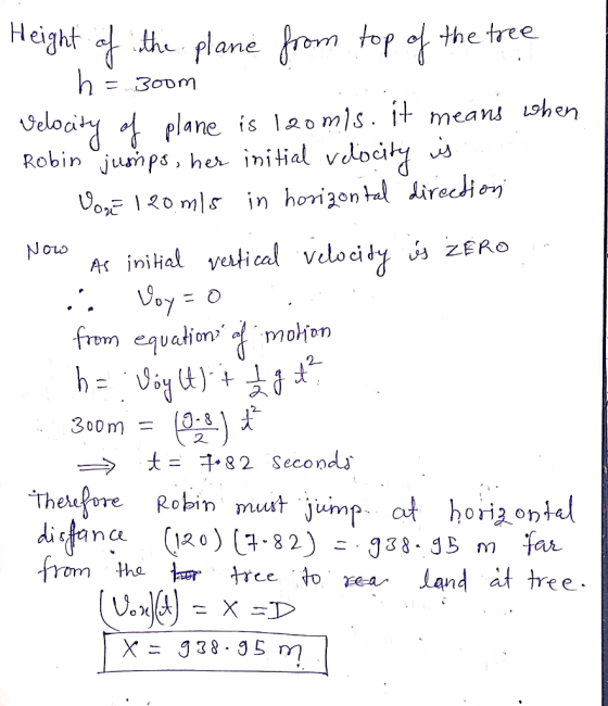 1 Height of the plane from top of the tree h = 300m Velocity of plane is loomis. it means when Robin jumps, her initial veloc