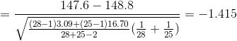 = \frac{ 147.6 - 148.8}{\sqrt{ \frac{(28-1)3.09 + (25-1)16.70}{ 28+25-2}(\frac{1}{ 28}+\frac{1}{ 25}) } } = -1.415