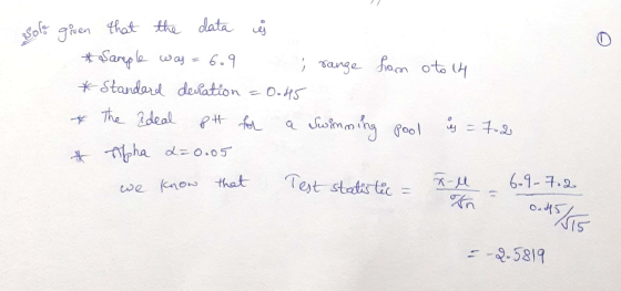 Sole given that the data ý * Sarople was 6.9 ; range from oto 14 * Standard deviation 0.45 * The ideal pt for a Swinning pool