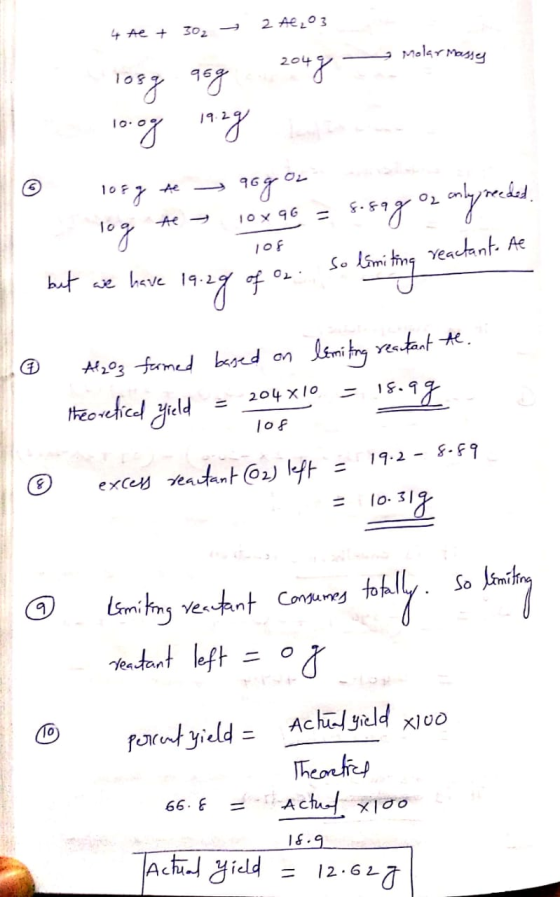 2 ALO3 4 Ae + 302 MolarMasig 204 -&9 IoX 96 OF veactant. Ae - ty So lami bt ae have reatant A203 fmed kd on toid ild 204 x10