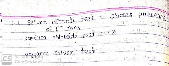 (©). Silven octreate test Shows presen .. of I ions Barium chloride testiX CS Scan one ganic Solvent testi -.T. PL CamScanner