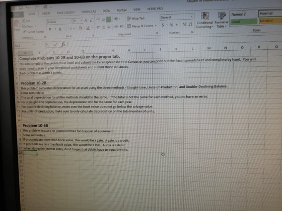 Chapter IU Problem ZU UN FILE HOME INSERT NITRO PRO FORMULAS PAGE LAYOUT DATA REVIEW VIEW Cut Normal 2 Normal - General Ep Wr