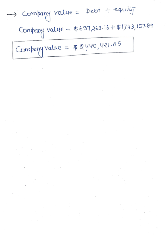 value = Debt t company equity Company value = $697,263.16 + $1743,157.89 Company value $ 2440,421.05