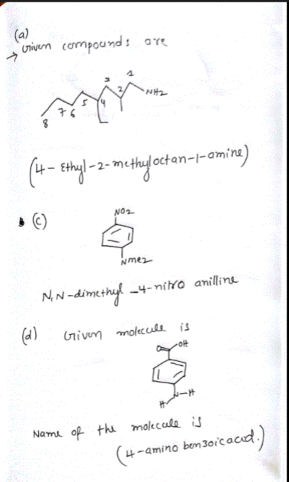 a) 4 -Ethyl-2-mtuloctan-I-amine C) No2 Nmen d) Nama of th molecaka ij (u-amino bm3oicacid 4-
