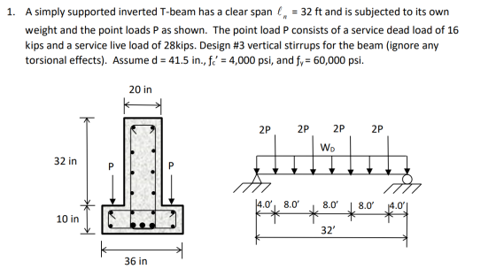 1. A simply supported inverted T-beam has a clear span l, = 32 ft and is subjected to its own weight and the point loads P as