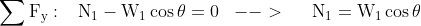 \sum\mathrm{F_{y}}: \begin{matrix} & \end{matrix} \mathrm{N_{1}-W_{1}\cos\theta=0} \begin{matrix} & --> && \end{matrix} \mathrm{N_{1}=W_{1}\cos\theta}