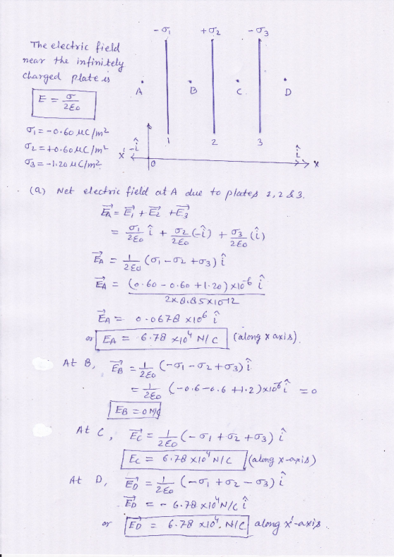 +02 The electric field near the infinitely charged plate es E = o co T = -0.60 MC/m² T2 = to bouc/ml J3 =-1120 uc/m² il (9) N
