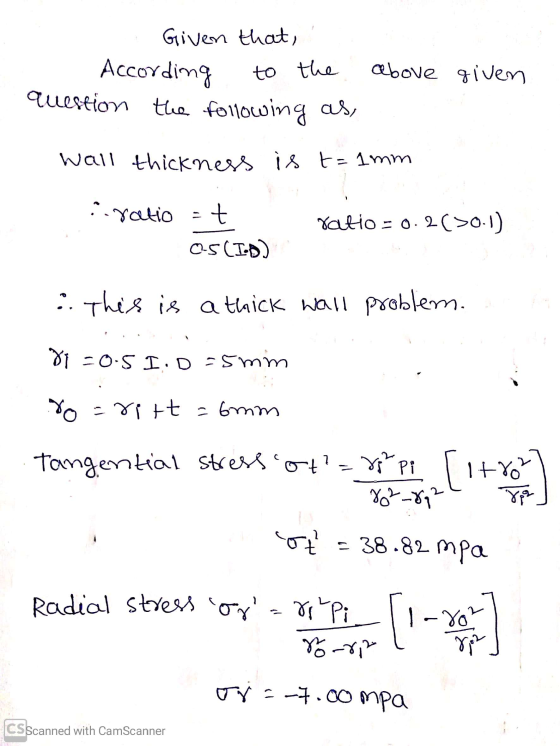 Given that, 1. According to the above given question the following as, wall thickness is t=1mm ii ratio - t Xatto = 0.2(30.1)