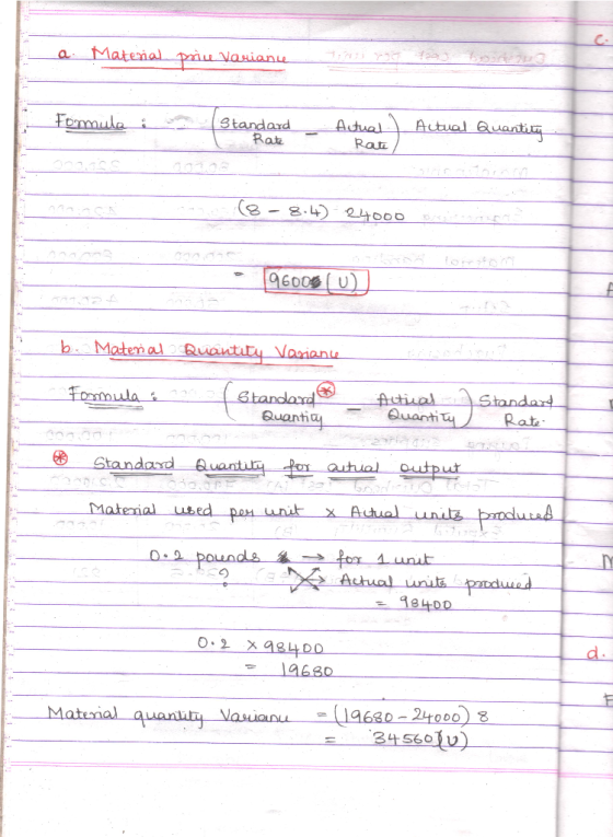 a. Material price Variante Formula i standard - Actual. Actual Quanting Rate Rate namna (8- 8.4) 24000 B enz - 96000 (U) . Ma