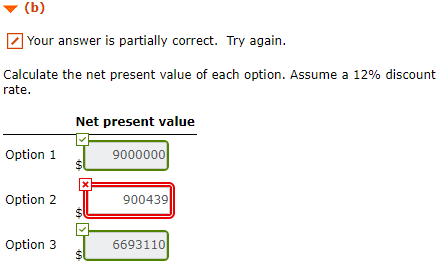 Your answer is partially correct. Try again. Calculate the net present value of each option. Assume a 12% discount rate Net present value Option 1 9000000 Option 2 900439 Option 3 6693110