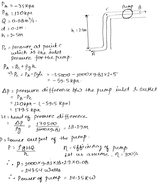 Paz-35kpa PB = 120kpa funga Pump B Q -0.08m/s 4 :o:1m. h=205m h=2.5m - 179.5 kpa Pe = pressure, at povite which is the enlet