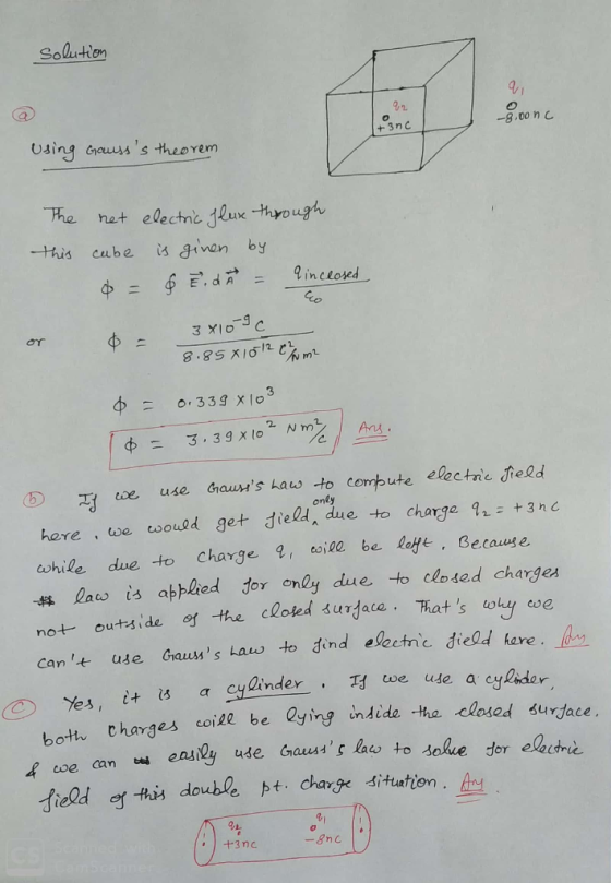 solution S WO -8.oonc s Using Gausss theorem The net electric Flux through this cube is ginen by 0 = & Eid A = a inclosed or