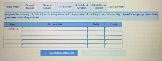 Requirement General Journal General Ledger Trial Balance Schedule of Payables Calculation of Interest 2018 payment Prepare th