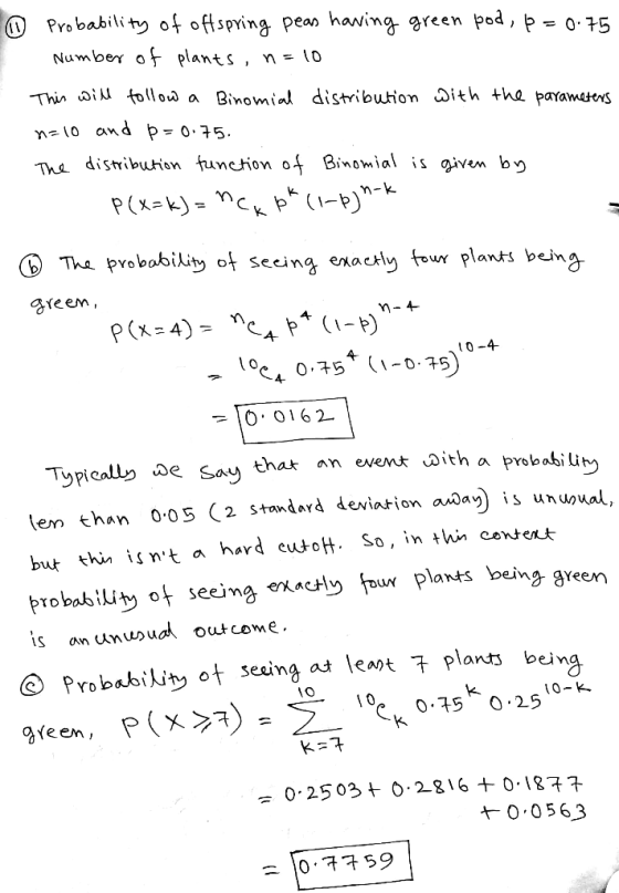 Pro babili osping peas hawing green pod, P- 0-+5 Number plants, n-iD Thin i从follow a Binomial distribution u ith the paramete