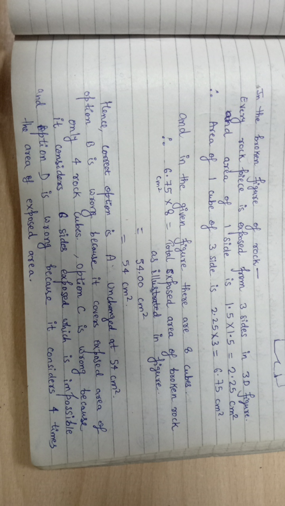 Snthe brokenguse of rock -Eveg Tock frece is eosed rom and 3 sides 1.5X1-5 in 30 area Side is 2.25 Cm2 Area cube 3 Side is 2.