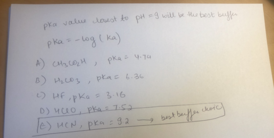pka value closest to pH = I will be the best buffer ска - Log (ka) А) с о, н ека е 9-74 в) и, со 3 , рась. 26 О) Ирка 216 D)