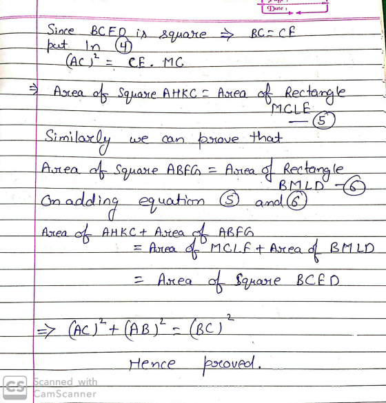Date : Since BC ER is Square + BC=CE put in 9 (AC) ef. MG 5 we Astea of Square AHKC S Area of Rectangle MCLE Similarly can pr