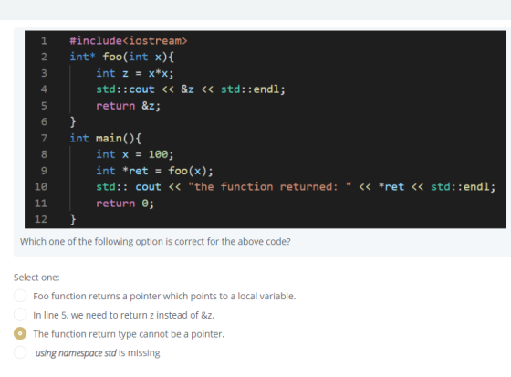 600 vu WNP #include<iostream> int* foo(int x){ int z = x*x; std::cout << &z << std::endl; return &z; int main() { int x = 100