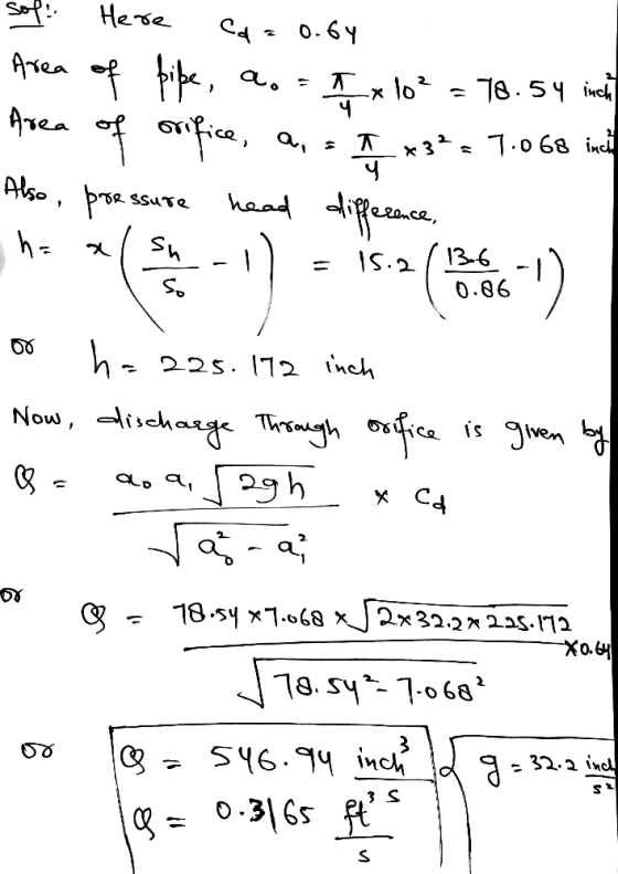 ao x 10² 4 Here Cd = 0.6y Area of pipe, =70.54 inch Area of orifice, a, a = K x3² = 7.068 inch Also, pressure head difference
