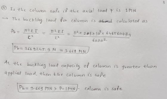 3. 4 1²x 2077 10x 64 65 604704 Is the column safe if the axial load p is 1PTN. The buckling load for column is aboud calcul