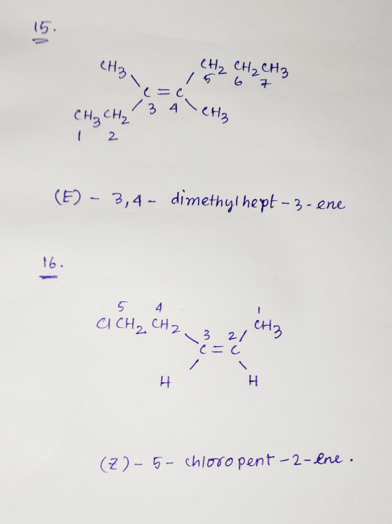 CH3le CH₂ CH₂ CH3 le=c CH2 CH2 ? 134 Cha 2 (E) – 3,4- dimethyl hept - 3 - ene 5 4 C CH₂ CH2 3 3 2/ U- (Z)-5-chloropent-2-ene.