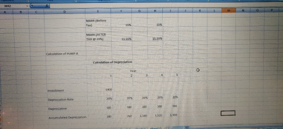 M42 G H B C MARR (Before 15% Tax) 15% MARR (AFTER TAX @23%) 11.55% 11.55% Calculation of PUMP A Calculation of Depreciation Y