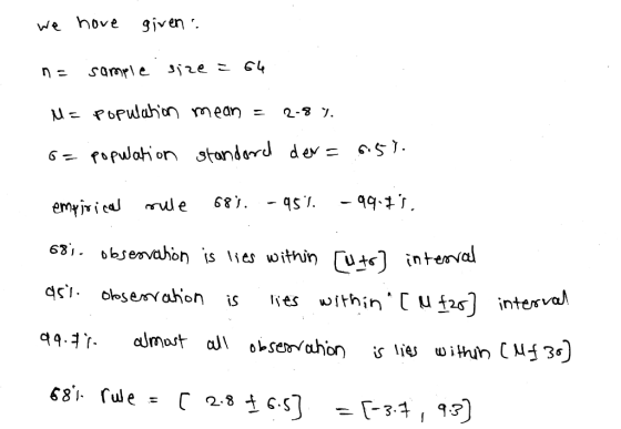 we have given: n = sample size = 64 M= population mean = 2.8%. G= population standard der= 6:57. emyjoicou rule 685. -951. -9