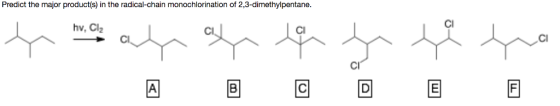 Predict the major product s the radical-chain monochlorination of 2,3-dimethylpentane. in hv, Cl