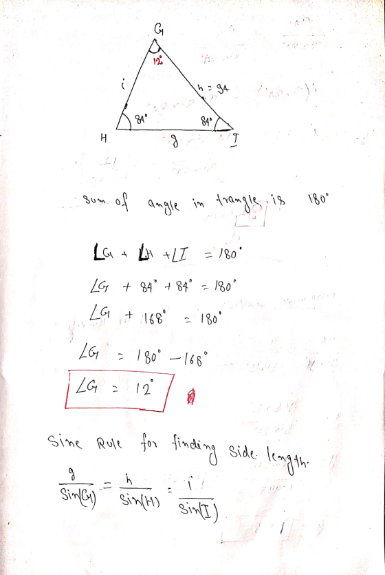 ? 9 ? :- . . J 5 .. sum of angle.in trangle, is 180° La + L +LI = 180° |q + 84+ 84° - 180 | | + 168 180 : 180° -16. - sine Ru